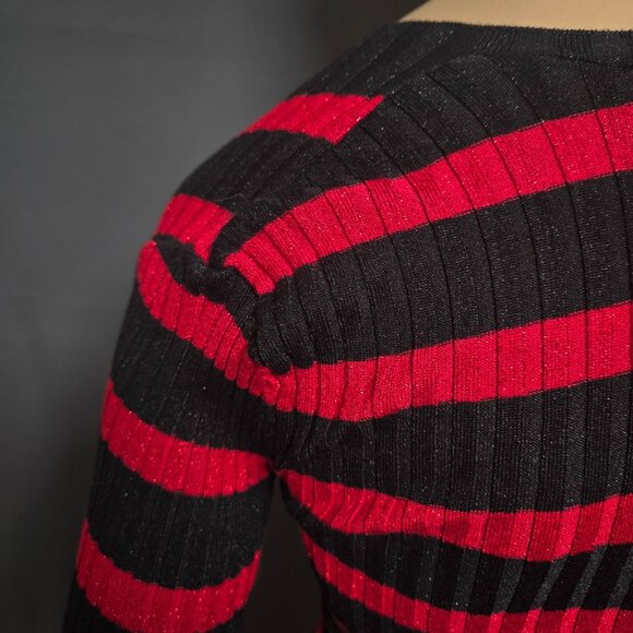Y2K INC Striped Fitted Sweater Size XS Red Black Glitter Ribbed V Neck Emo - Picture 9 of 10